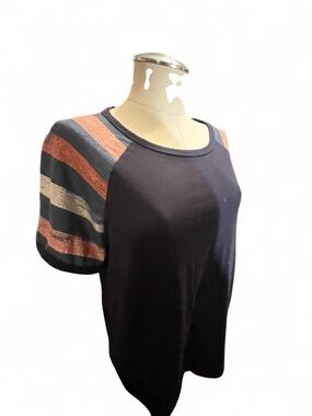 Black Short Sleeve Tee with Metallic Striped Accent Sleeves